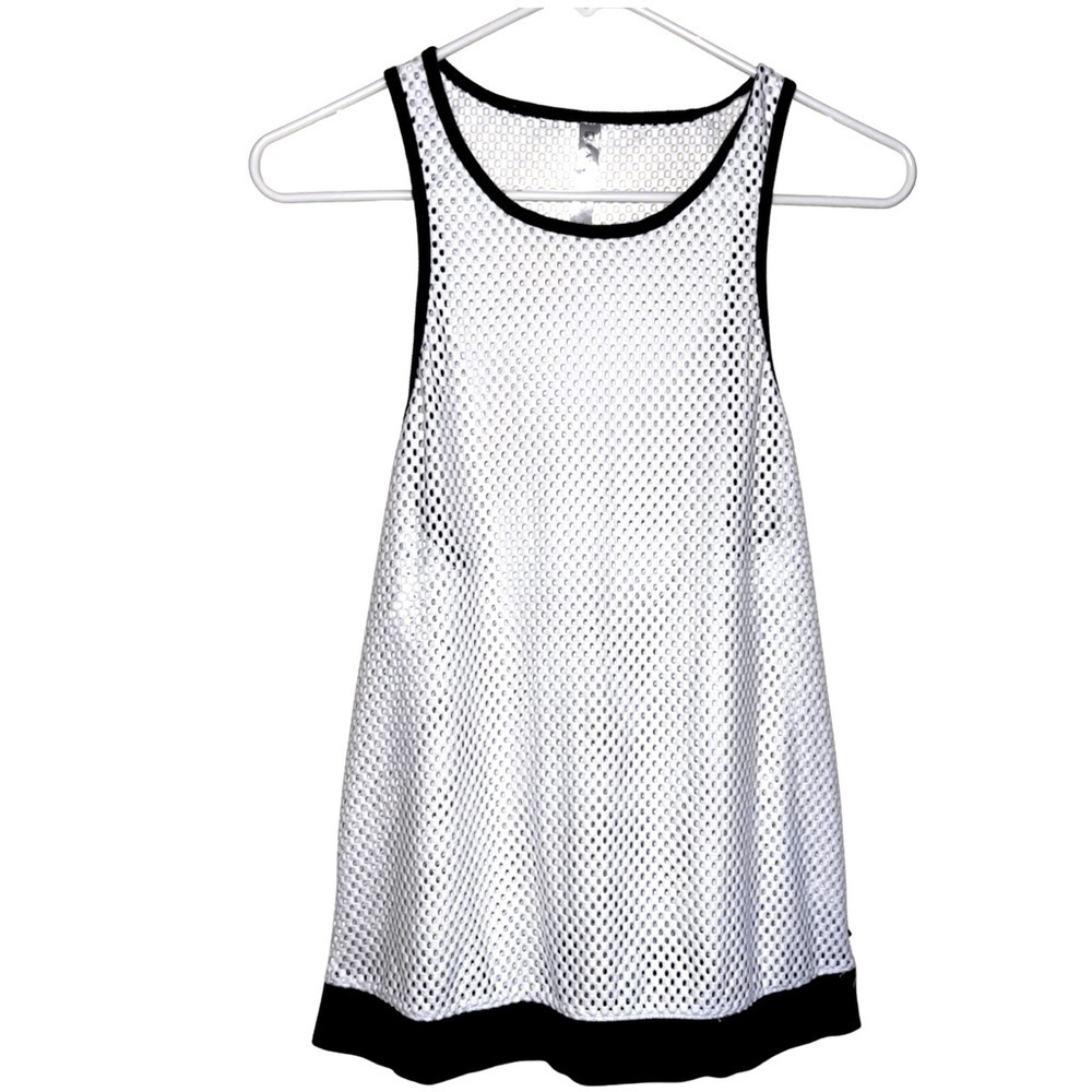 Fabletics Cayman Racerback Tank Top Soft White Mesh with Black Edges and Hem Med